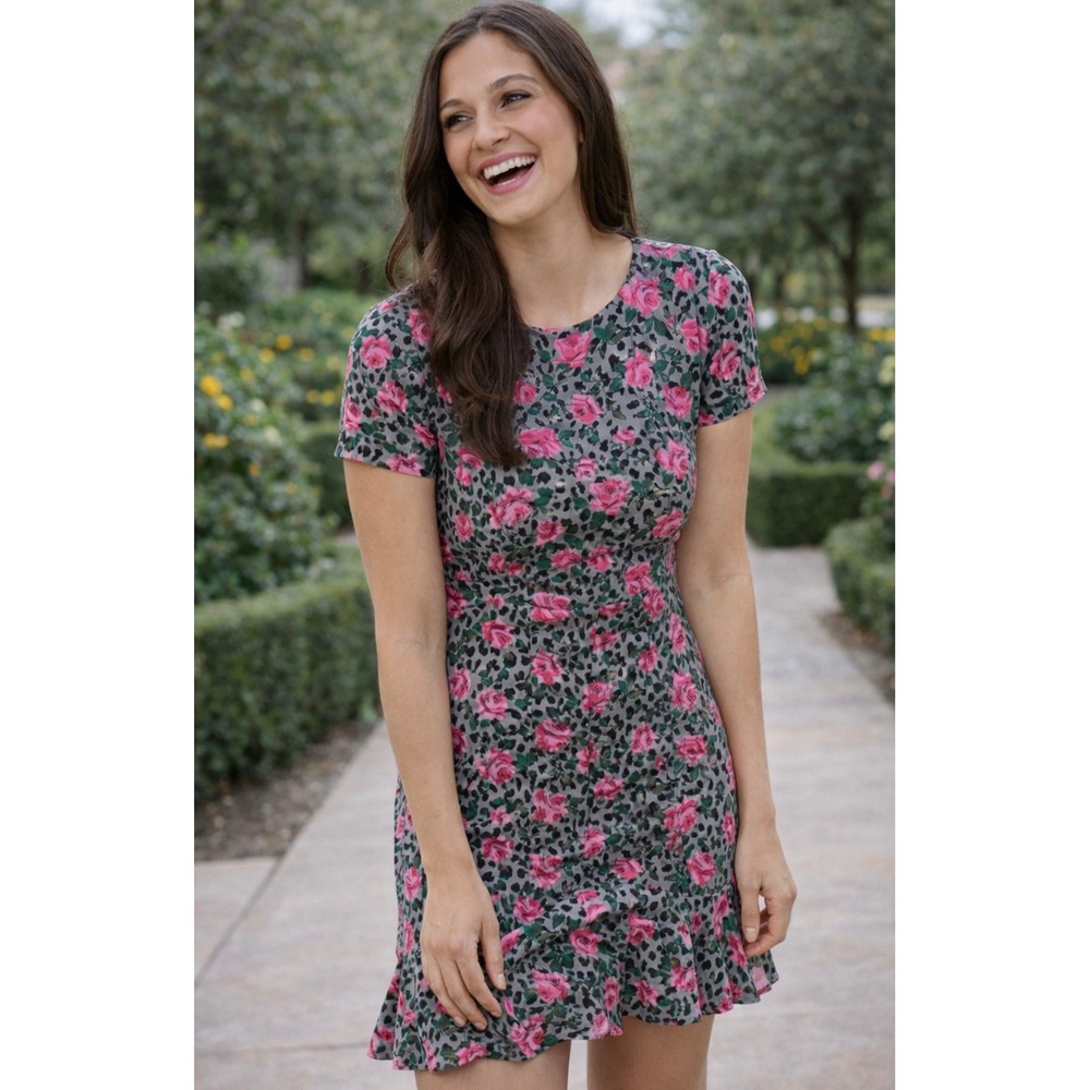Betsey Johnson Leopard Rose Floral Ruffle Hem Scuba Dress Gray Pink Size 14